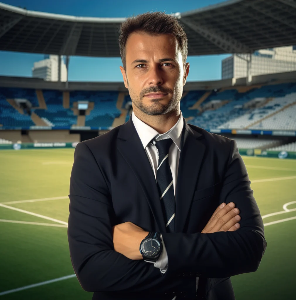 IHMGS sports management expert in a suit standing on a football field